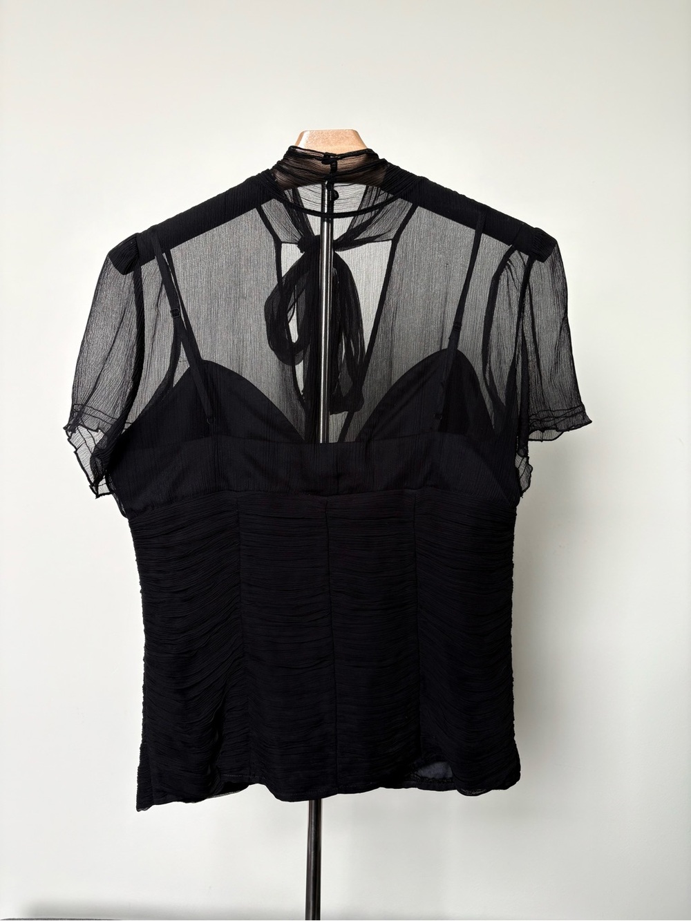 Guess by Marciano Black Sheer Tie-Neck Ruched Blouse - Picture 6 of 9